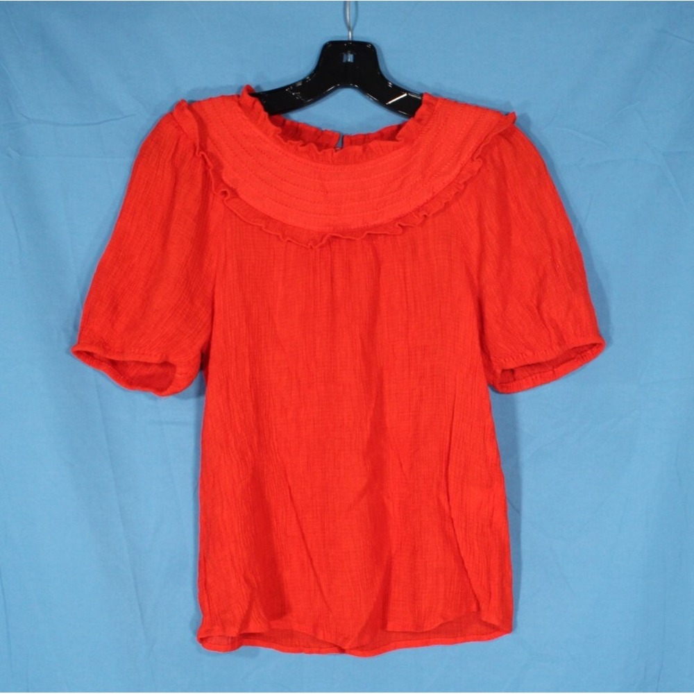 THML Anthropologie CREPE Dark Orange PUFF SLEEVES Ruffle Neck BLOUSE/TOP Sz S